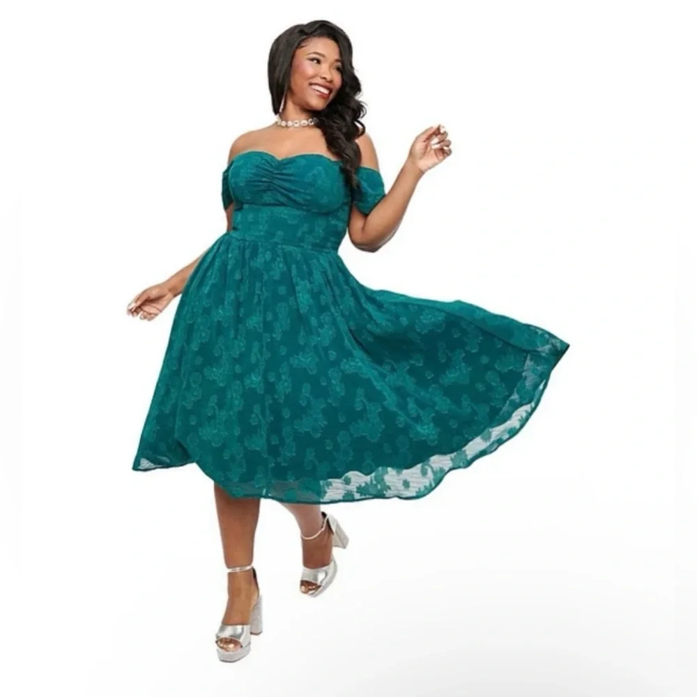 Unique Vintage 1950s Teal Green Jacquard Off Shoulder Flare Dress, Size  XL, NWT - Picture 4 of 15